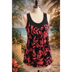 Y2K Madison Beaded Floral Tank Top L Black Pink Stretch Boho Vacay Blouse